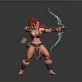 Woman with red hair in tribal warrior outfit holding bow and arrow ready to shoot