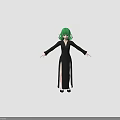 3D Green Haired Character In Black Slit Dress With Arms Outstretched On Green Background