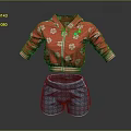 Red Floral Jacket With Colorful Design Striped Cuffs And Blue Pleated Shorts