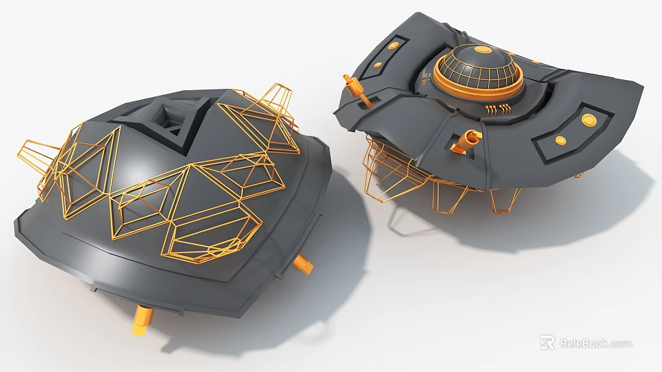 Gray And Yellow Art Installation With Geometric Wireframes And Circular Tops 3d model