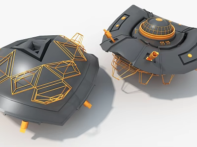 Gray And Yellow Art Installation With Geometric Wireframes And Circular Tops 3d model