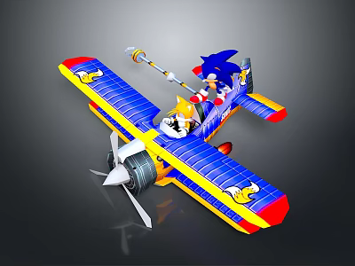 Cartoon Biplane With Sonic And Tails On Colorful Blue Yellow Red Wings Duck Design 3d model