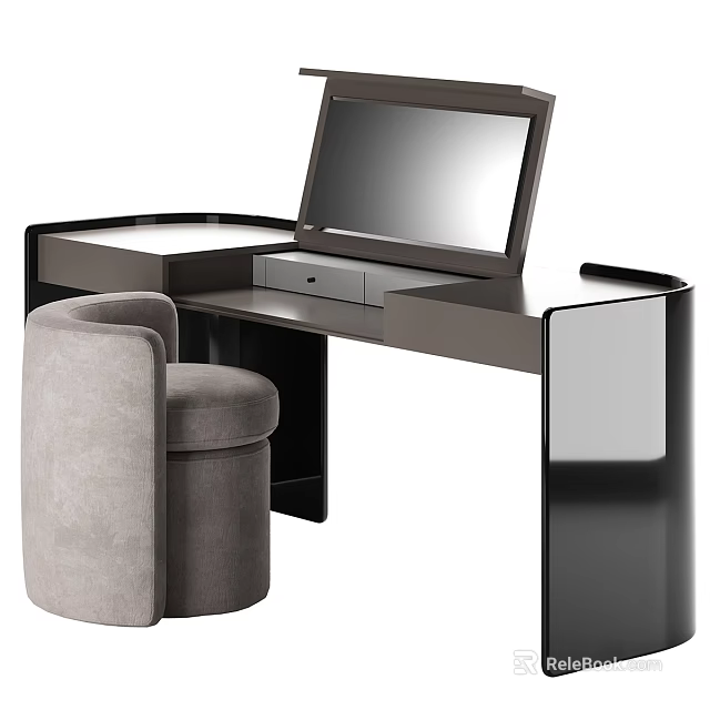 Modern Dressing Table With Glass Top Gray Stool And Drawer Design 3d model 