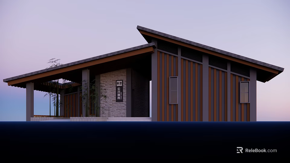 Modern Japanese Style Architecture Wooden Exterior Sloped Roof Stone Wall At Dusk 3d model 