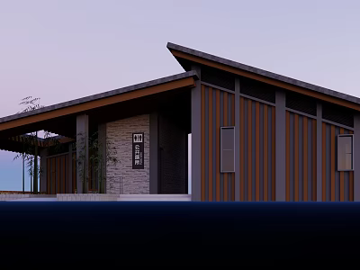 Modern Japanese Style Architecture Wooden Exterior Sloped Roof Stone Wall At Dusk 3d model