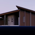 Modern Japanese Style Architecture Wooden Exterior Sloped Roof Stone Wall At Dusk