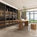 Modern Minimalist Restaurant Interior With Wooden Long Table White Decor And Green Plant