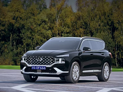 Sleek Black Hyundai SUV Parked On Asphalt Road With Lush Green Forest Background 3d model