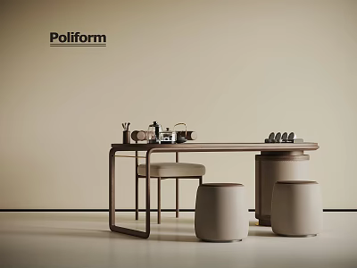 Minimalistic Poliform Interior Design With Wooden Table Stools And Decor Items 3d model