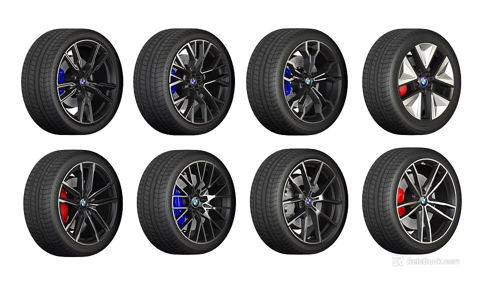 Stylish Automotive Tire Designs With Various Alloy Wheel Rims And Blue Red Brake Calipers 3d model 