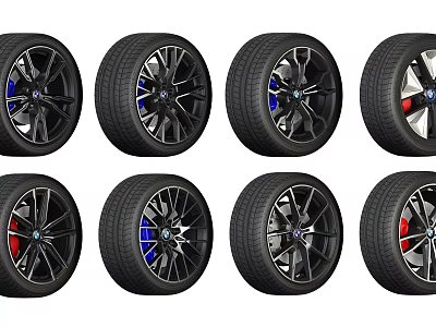 Stylish Automotive Tire Designs With Various Alloy Wheel Rims And Blue Red Brake Calipers 3d model