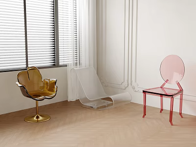 Golden Transparent Pink Modern Acrylic Chairs In White Room With Light Wooden Floor And Window 3d model