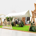 Modern Exhibition Booth Design With Wooden Frame White Canopy Green Plants And Display Area
