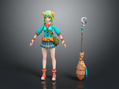 Green Haired Cat Ear Game Movie Character With Blue Jacket Plaid Skirt And Broom Prop 3d model