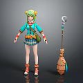 Green Haired Cat Ear Game Movie Character With Blue Jacket Plaid Skirt And Broom Prop