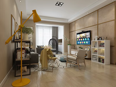 Modern Living Room Interior With Gray Sofa Yellow Floor Lamp And Wall Mounted TV 3d model