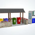 Public Waste Sorting Facility With Colored Trash Bins Shelter And Information Boards 3d model