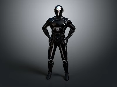 Futuristic Game And Movie Character In Black Combat Suit Standing With Hands On Hips 3d model