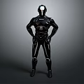 Futuristic Game And Movie Character In Black Combat Suit Standing With Hands On Hips