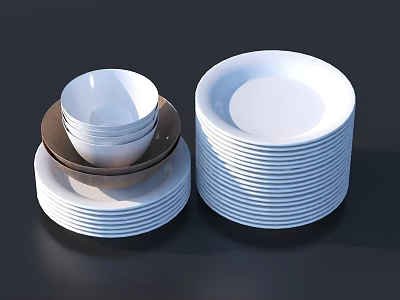 White Stacked Dinnerware Set With Bowls Plates Various Sizes And Brown Base 3d model