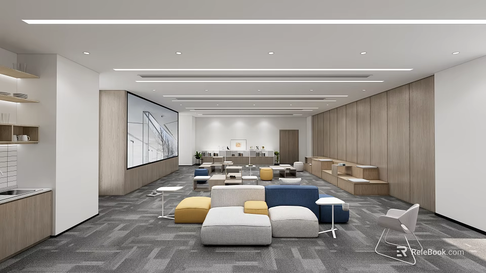 Modern Lounge Area Interior With Colorful Sofa Seats Wooden Wall Grey Carpet And Large Screen 3d model 