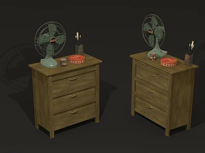 Wooden Bedside Dressers with Vintage Fans Candles Red Plates and Jars 3d model