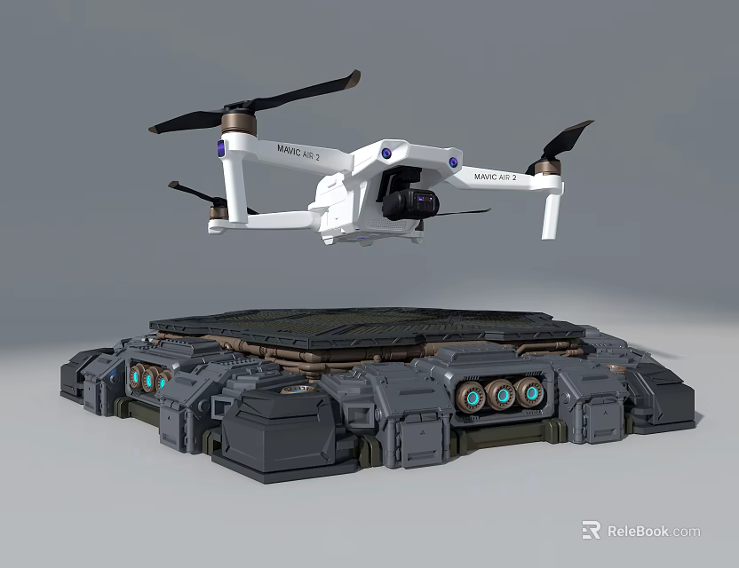 Advanced White Drone Hovering Over Futuristic Landing Platform With Solar Panels 3d model 