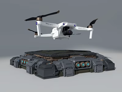 Advanced White Drone Hovering Over Futuristic Landing Platform With Solar Panels 3d model