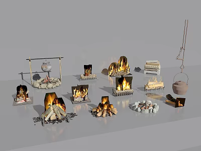 Various Stylish Garden Ornaments with Campfire Setups Wooden Frames and Clay Pots 3d model