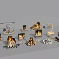 Various Stylish Garden Ornaments with Campfire Setups Wooden Frames and Clay Pots