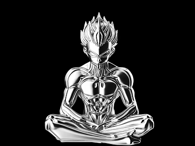 Silver Muscular Doll With Spiky Hair Sitting In Lotus Position Shiny Metallic Finish 3d model