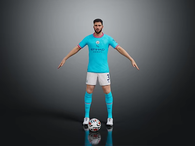 Manchester City Football Player In Light Blue Jersey Standing With Football On Black Background 3d model