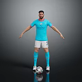 Manchester City Football Player In Light Blue Jersey Standing With Football On Black Background