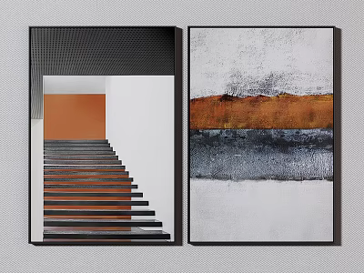 Modern Decorative Paintings With Staircase View And Abstract Orange Gray Black Tones 3d model