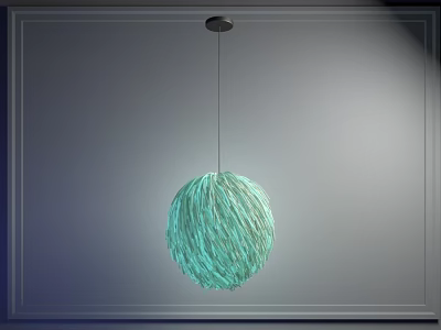Modern Spherical Feather Like Light Green Glowing Chandelier Against Minimalist Wall Background 3d model