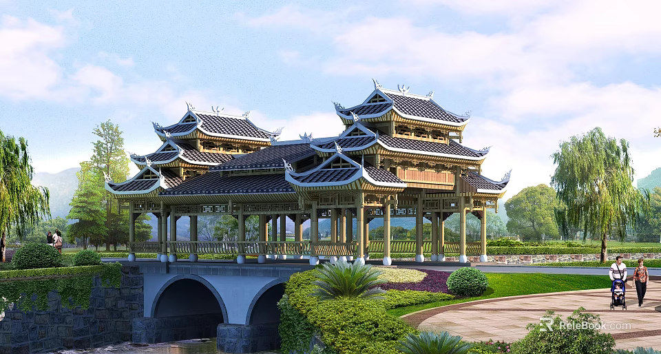 Traditional Chinese Pavilion Bridge With Curved Eaves Wooden Frames And Lush Greenery Surroundings 3d model 
