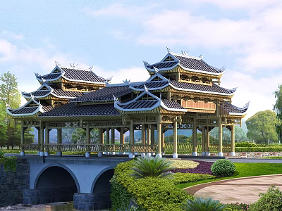 Traditional Chinese Pavilion Bridge With Curved Eaves Wooden Frames And Lush Greenery Surroundings 3d model