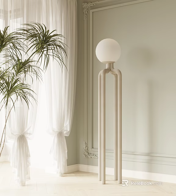 Elegant Modern Floor Lamp In Interior With White Curtains Green Palm And Light Wall 3d model 