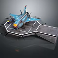 Blue Fighter Jet Model Displayed On Hexagonal Stand With Metal Supports And Platform 3d model