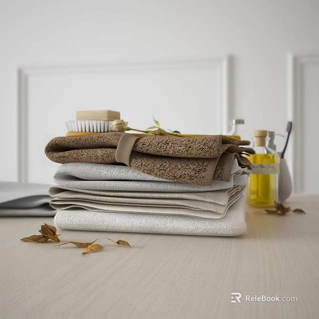 Soft Stacked Towels In Neutral Tones With Bathroom Accessories And Leaves 3d model 
