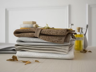 Soft Stacked Towels In Neutral Tones With Bathroom Accessories And Leaves 3d model