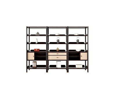 Modern Bookshelf Design with Metal Frame Wooden Drawers and Multiple Open Shelves 3d model