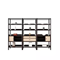 Modern Bookshelf Design with Metal Frame Wooden Drawers and Multiple Open Shelves