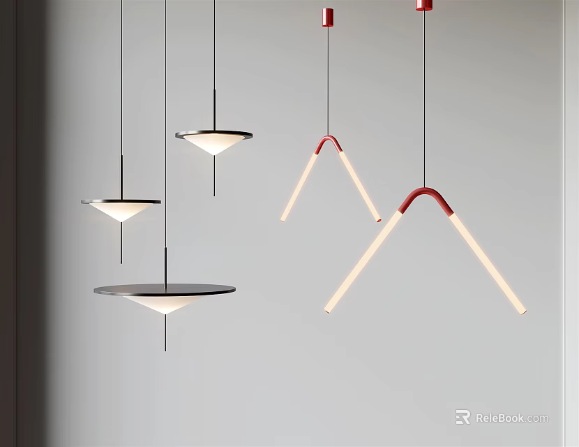 Modern Geometric Pendant Lights With Red Metal Brackets And White Shades Hanging In Contemporary Design 3d model 