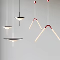 Modern Geometric Pendant Lights With Red Metal Brackets And White Shades Hanging In Contemporary Design