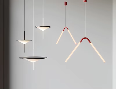 Modern Geometric Pendant Lights With Red Metal Brackets And White Shades Hanging In Contemporary Design 3d model