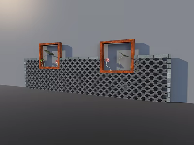 Black And White Checkered Tile Background Wall With Wooden Framed Windows And Pink Flowers 3d model
