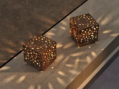 Square Brown Outdoor Lights with Hollowed Out Design Casting Light Shadows on Steps 3d model