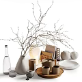 Minimalist Decorative Ornament Combination Including Dried Branches Vase Ceramic Jars And Wooden Plates