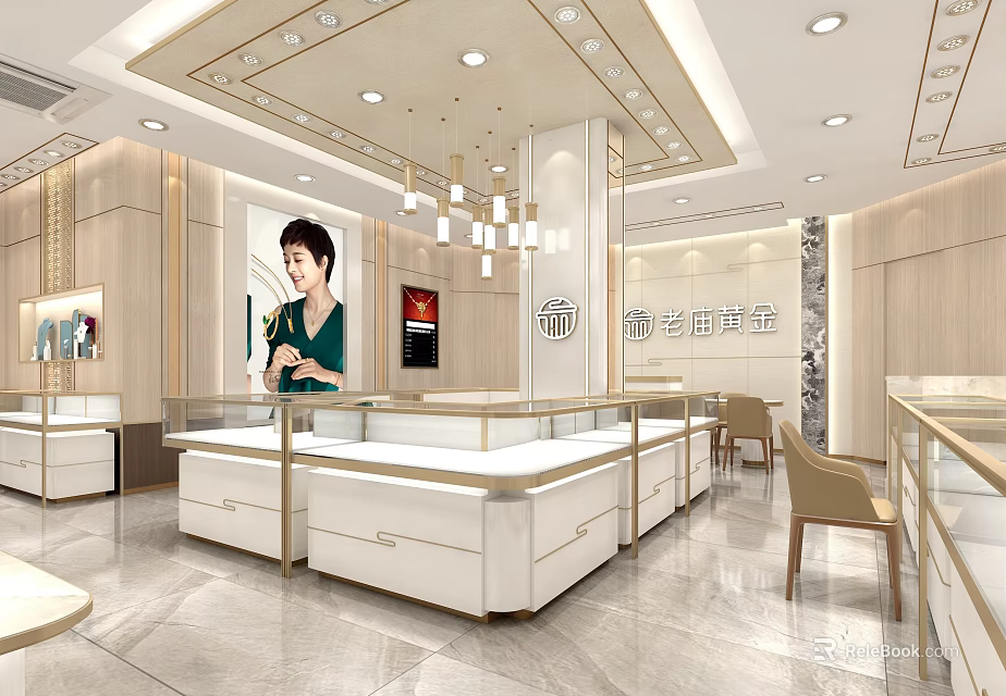 Modern Luxury Jewelry Store Interior Design With Bright Lighting Elegant Display Cases And Marble Flooring 3d model 